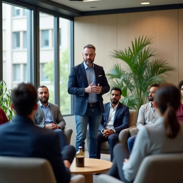 Une session d’hypnose en entreprise menée par un spécialiste, réunissant des collaborateurs dans un cadre professionnel apaisant.