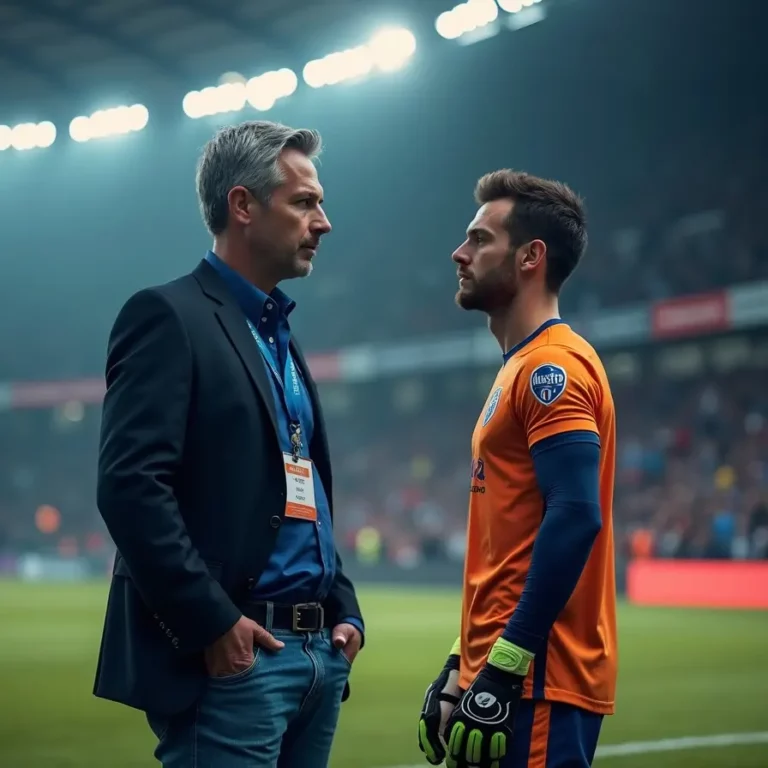 Un coach mental et un joueur de football en pleine discussion sur le terrain, illustrant l'importance de l'hypnose sportive pour améliorer la performance.