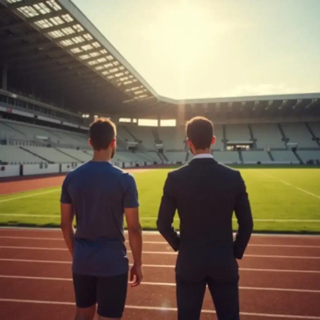 Un coach en hypnose sportive et un athlète marchant côte à côte sur une piste d'athlétisme dans un stade vide, symbolisant le lien entre performance mentale et physique.