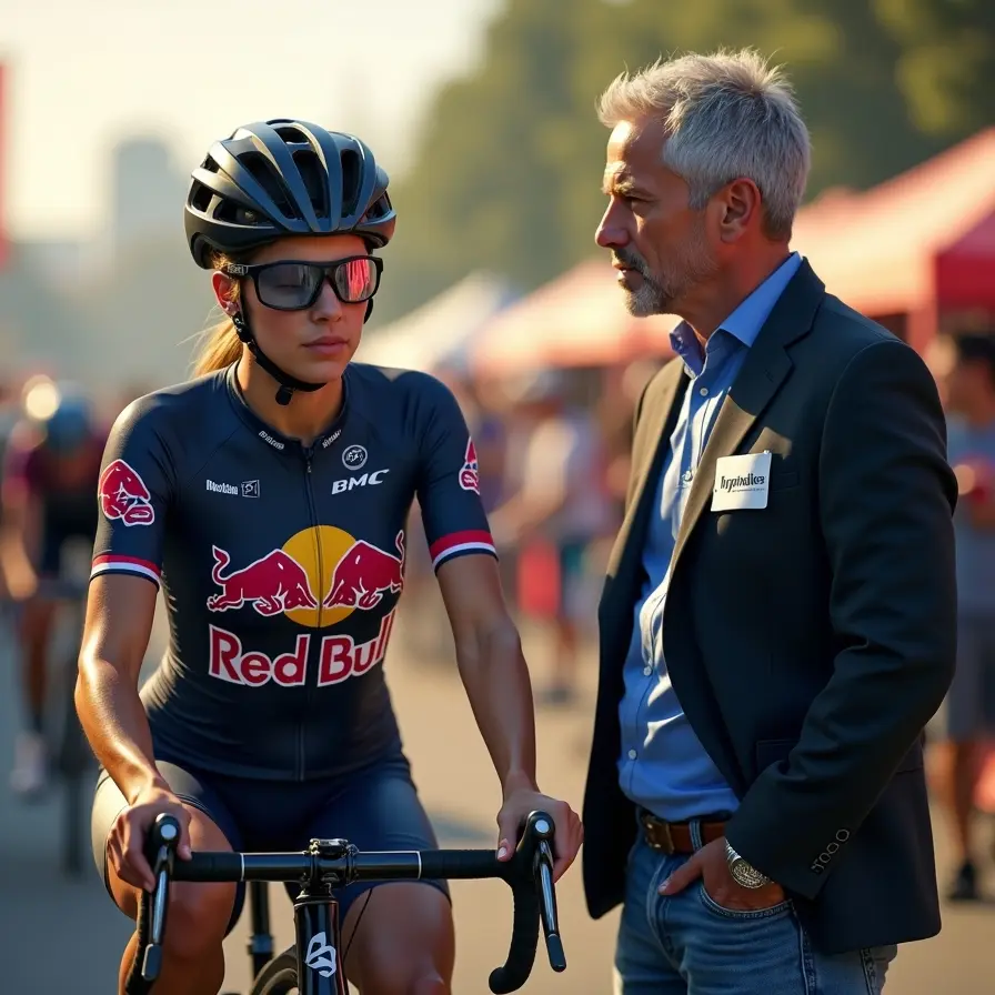 Une cycliste et son coach en pleine discussion avant une compétition, illustrant l'impact de l'hypnose sportive sur la préparation mentale.