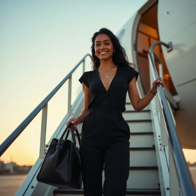 Une femme rayonnante et confiante descend d’un avion après avoir surmonté sa peur de voler grâce à l’hypnothérapie.